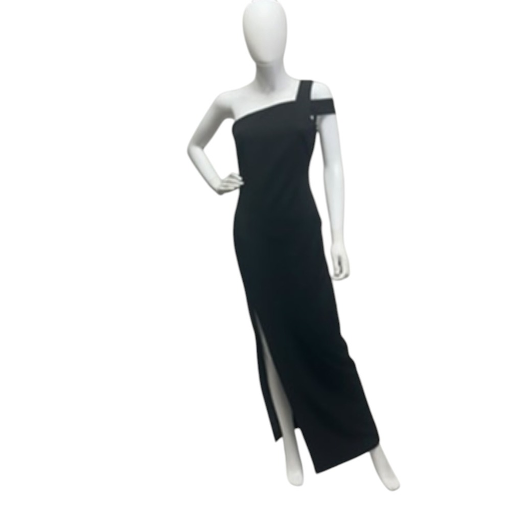 Lea & Viola Black One Shoulder Maxi Dress Side Slit Size M Asymmetric Gown